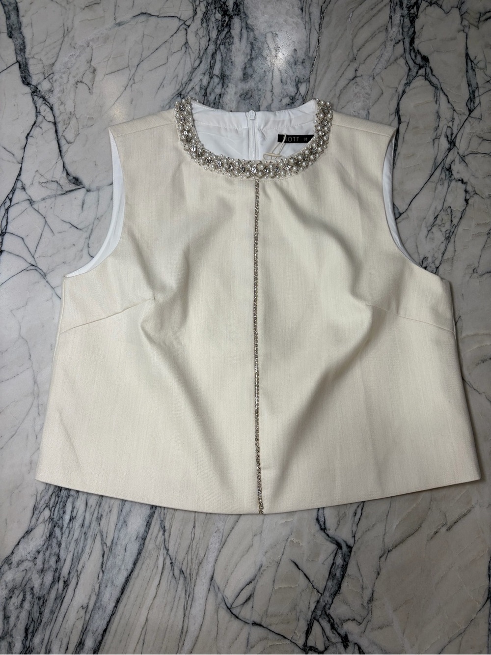 MOTF Cream Sleeveless Pearl-Embellished Crop Top